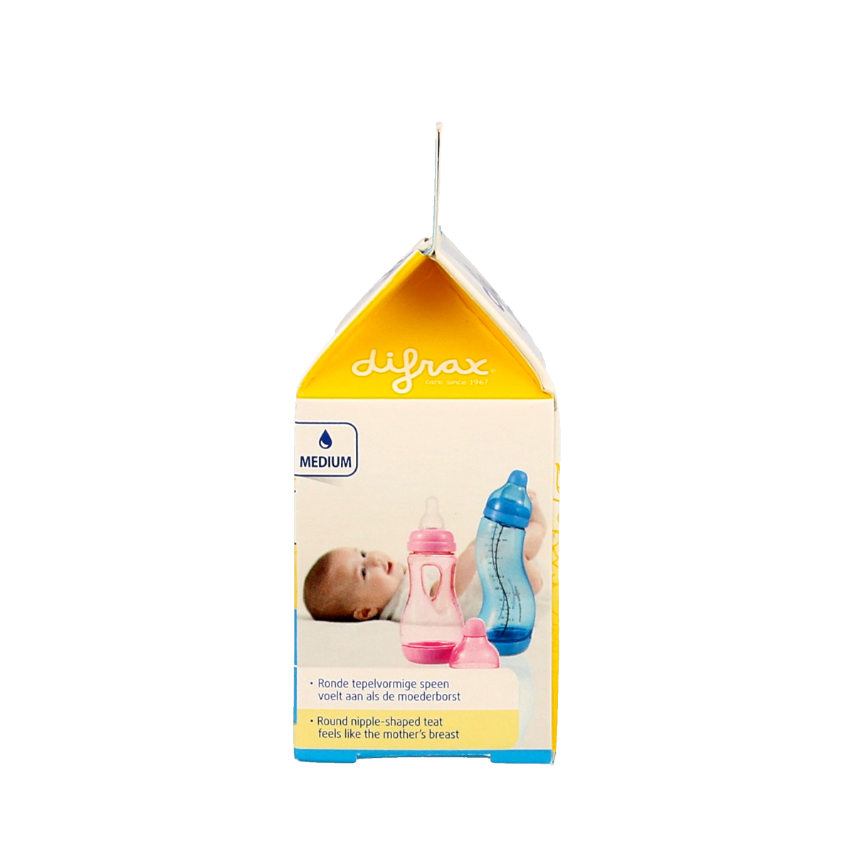 Difrax medium natural baby bottle nipple, compatible with Difrax bottles, shown in the image with 2 pack of feeding nipples.