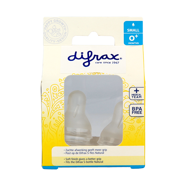 Difrax small 0+ natural baby bottles with two nipples, designed for newborns, shown with clear plastic bottles and nipples.