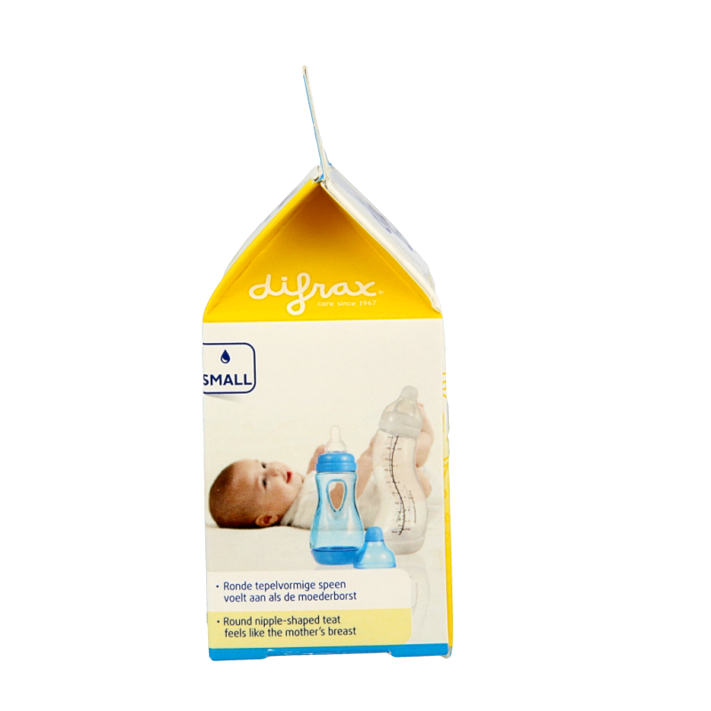 Difrax small 0+ natural baby bottle nipples, two pieces, made for newborns, with soft, natural silicone for comfortable feeding.
