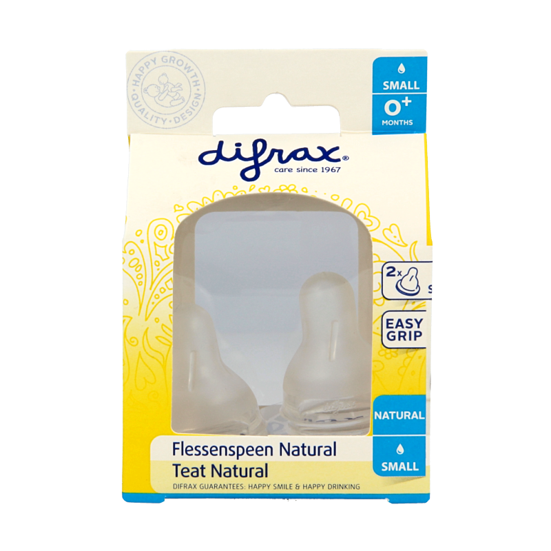Difrax small 0+ natural baby bottles with two spill-proof nipples, designed for infants from birth.