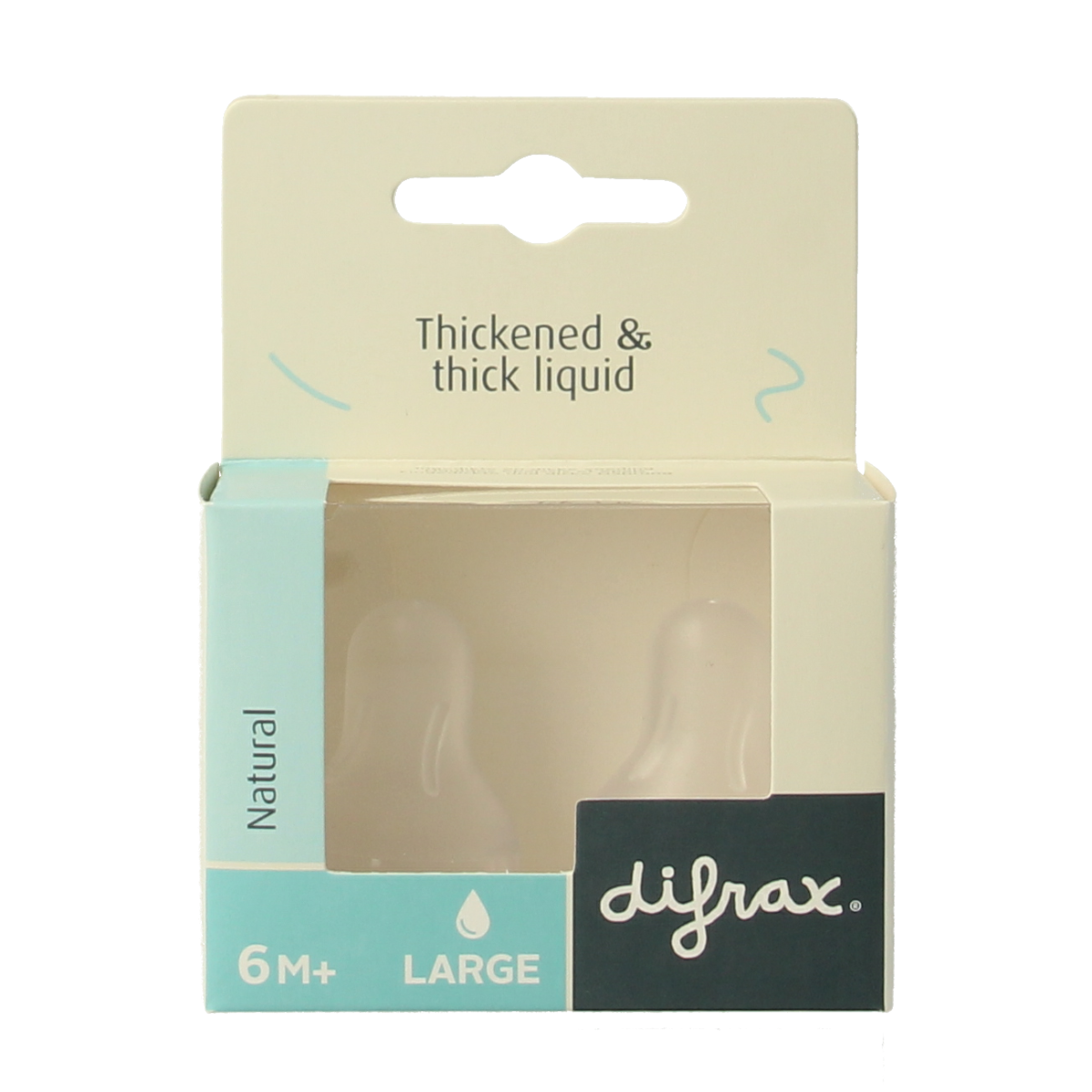 Difrax large natural baby bottle nipple for 6+ months, two-piece set, soft silicone teat for feeding infants.