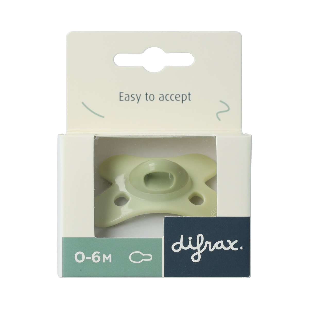 Difrax natural silicone baby pacifier in multiple colors, suitable for ages 0-6 months, with a soft nipple design.
