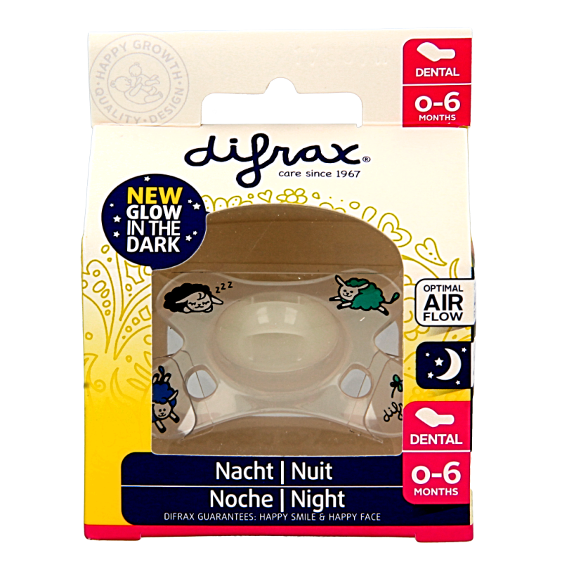 Difrax glow-in-the-dark baby pacifier for 0-6 months, soft dental nipple, suitable for infants, in a single pack.