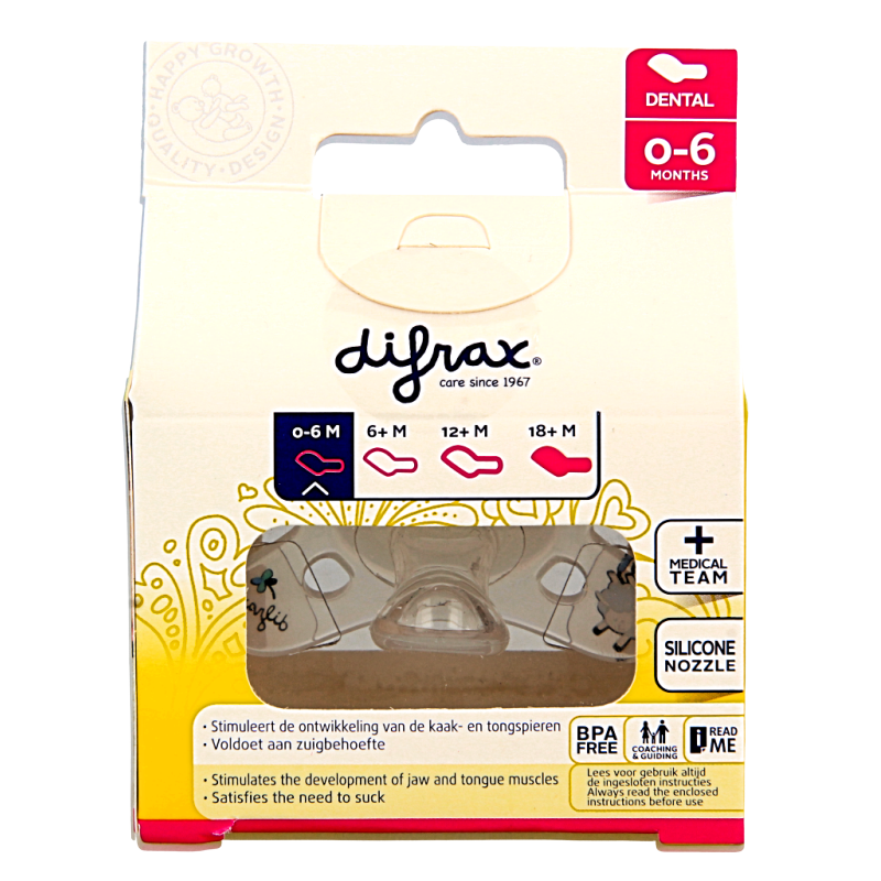 Difrax glow-in-the-dark baby pacifier for 0-6 months, dental-friendly silicone nipple, single piece, suitable for infants.