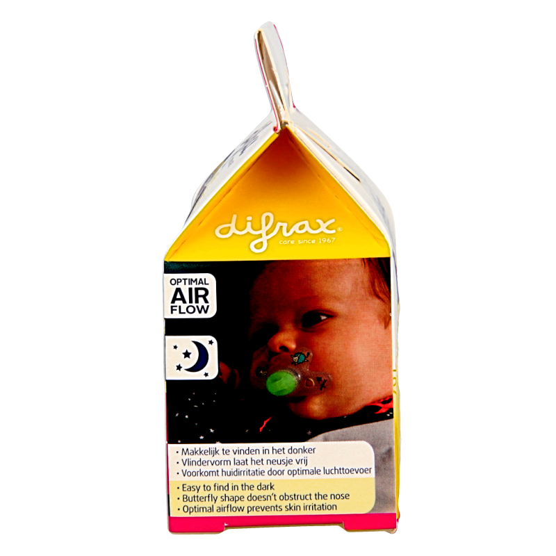 Difrax glow-in-the-dark baby pacifier for 0-6 months, soft orthodontic nipple, in a single pack, suitable for soothing infants.