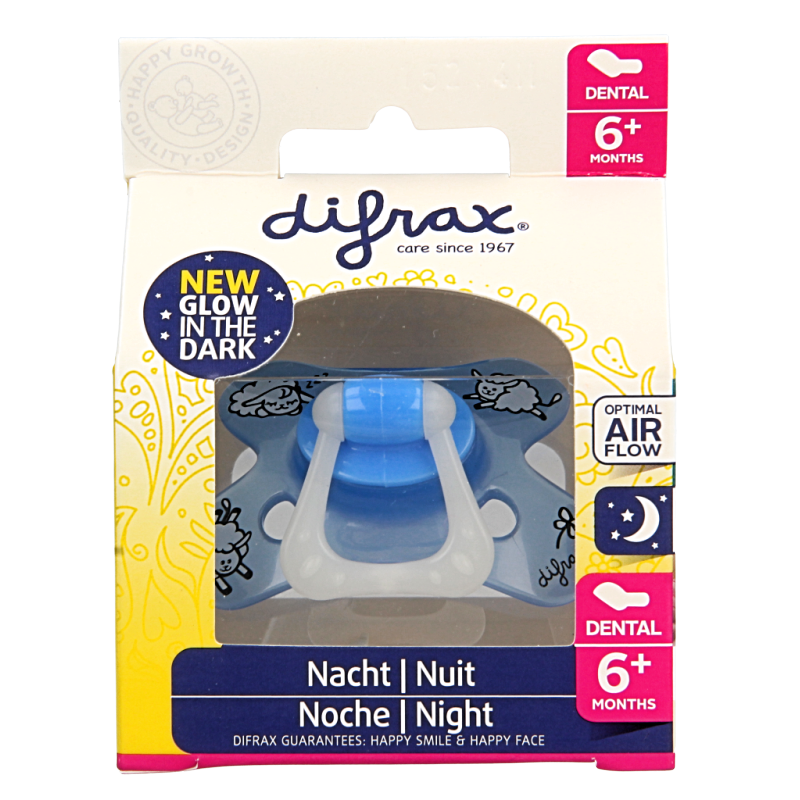 Difrax glow-in-the-dark dental pacifier for babies 6+ months, single soft silicone nipple, in package.