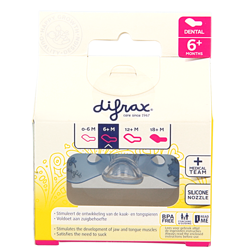 Difrax glow-in-the-dark dental pacifier for ages 6+ months, soft silicone nipple, designed for comfort and dental health.