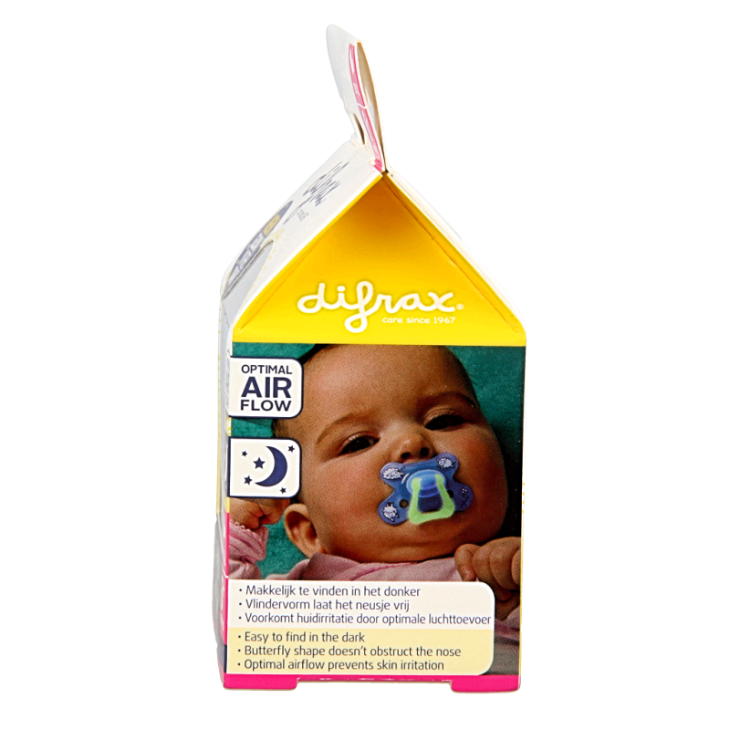 Difrax glow-in-the-dark dental pacifier for babies 6+ months, displayed in a single package, with a soft, ergonomic design.