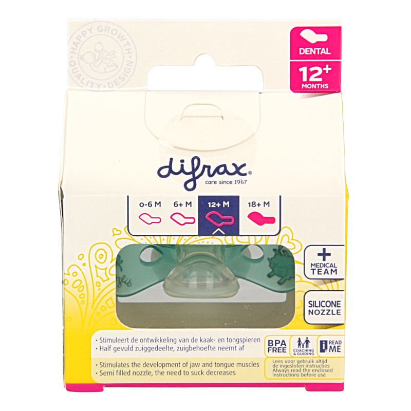 Difrax glow-in-the-dark baby dental pacifier for 12+ months, soft silicone nipple, in a single package, suitable for soothing infants