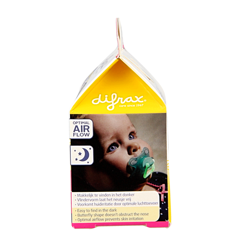 Difrax glow-in-the-dark dental pacifier for ages 12+ months, soft silicone nipple, designed for comfort and dental health.