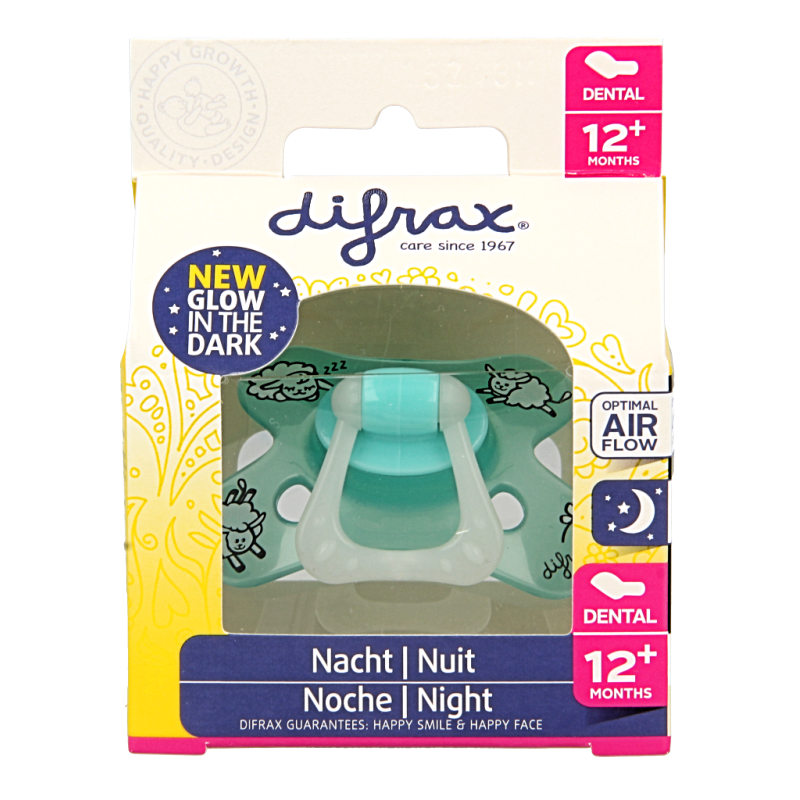 Difrax glow-in-the-dark dental pacifier for children 12+ months, soft silicone nipple, single piece in white with glow feature