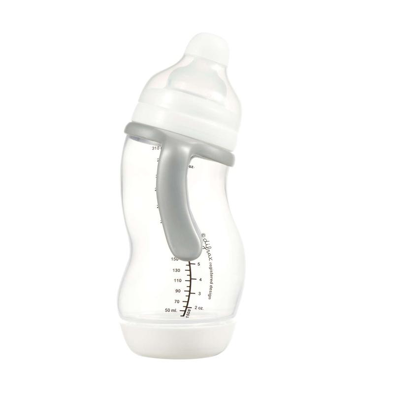 Difrax Papfles XL 310ml baby bottle with nipple, white plastic, safety cap, suitable for infants, in natural setting