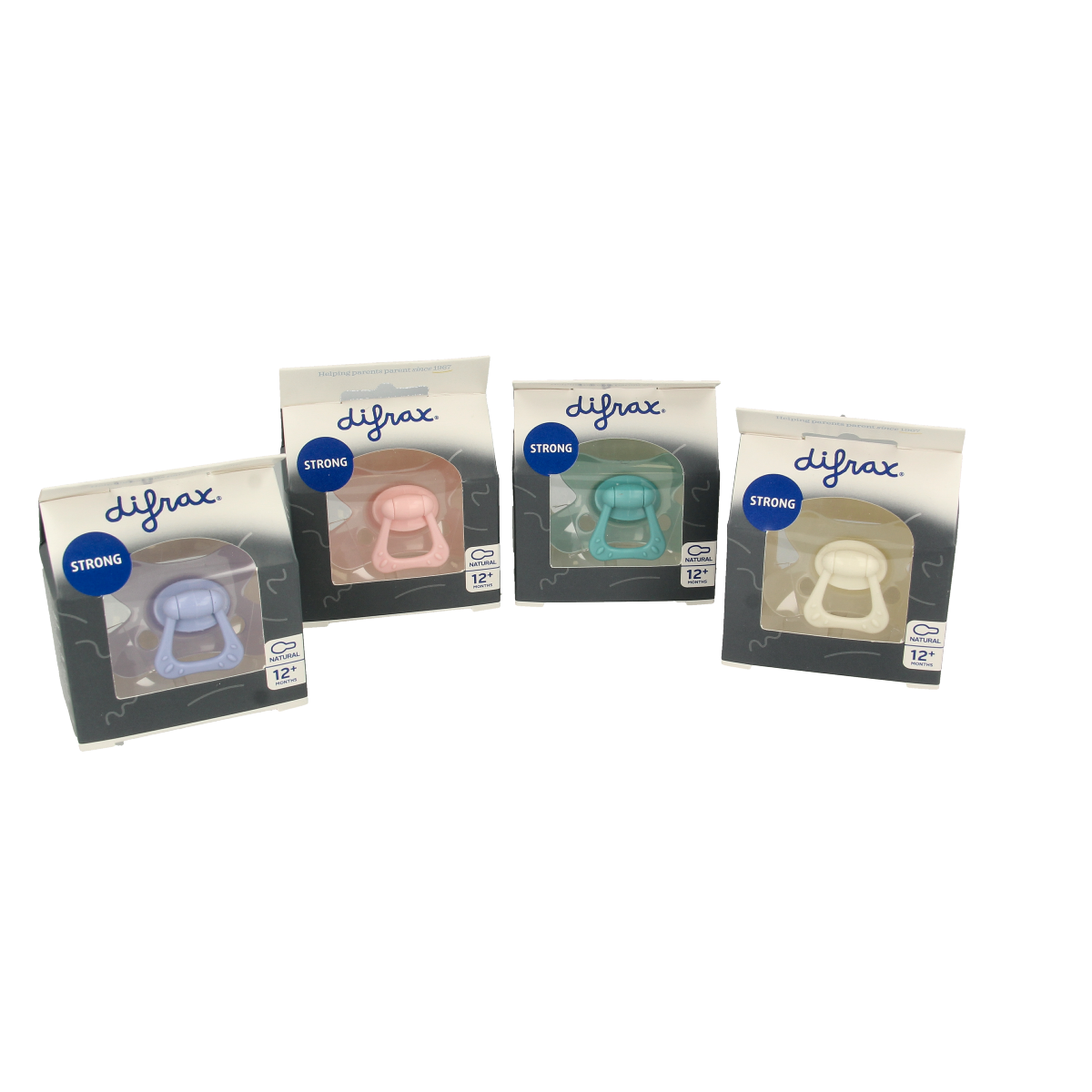 Difrax natural pacifier for children 12+ months, assorted colors, shown with close-up of nipple and packaging.