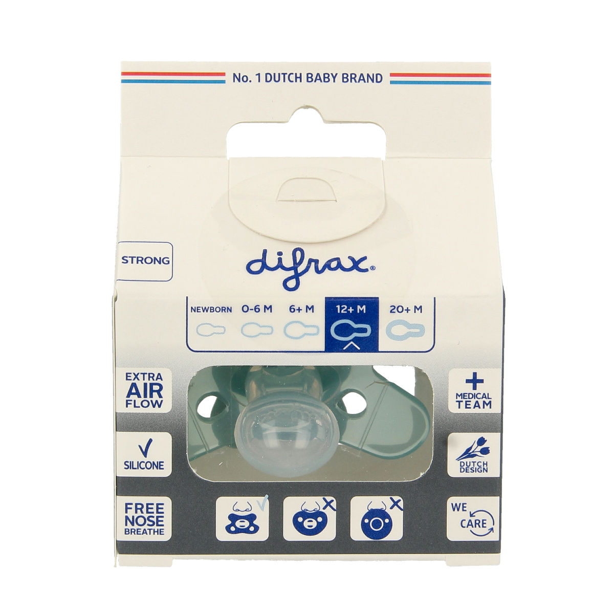 Difrax natural pacifier for children 12 months and older, assorted in a single pack, designed for comfort and safety.