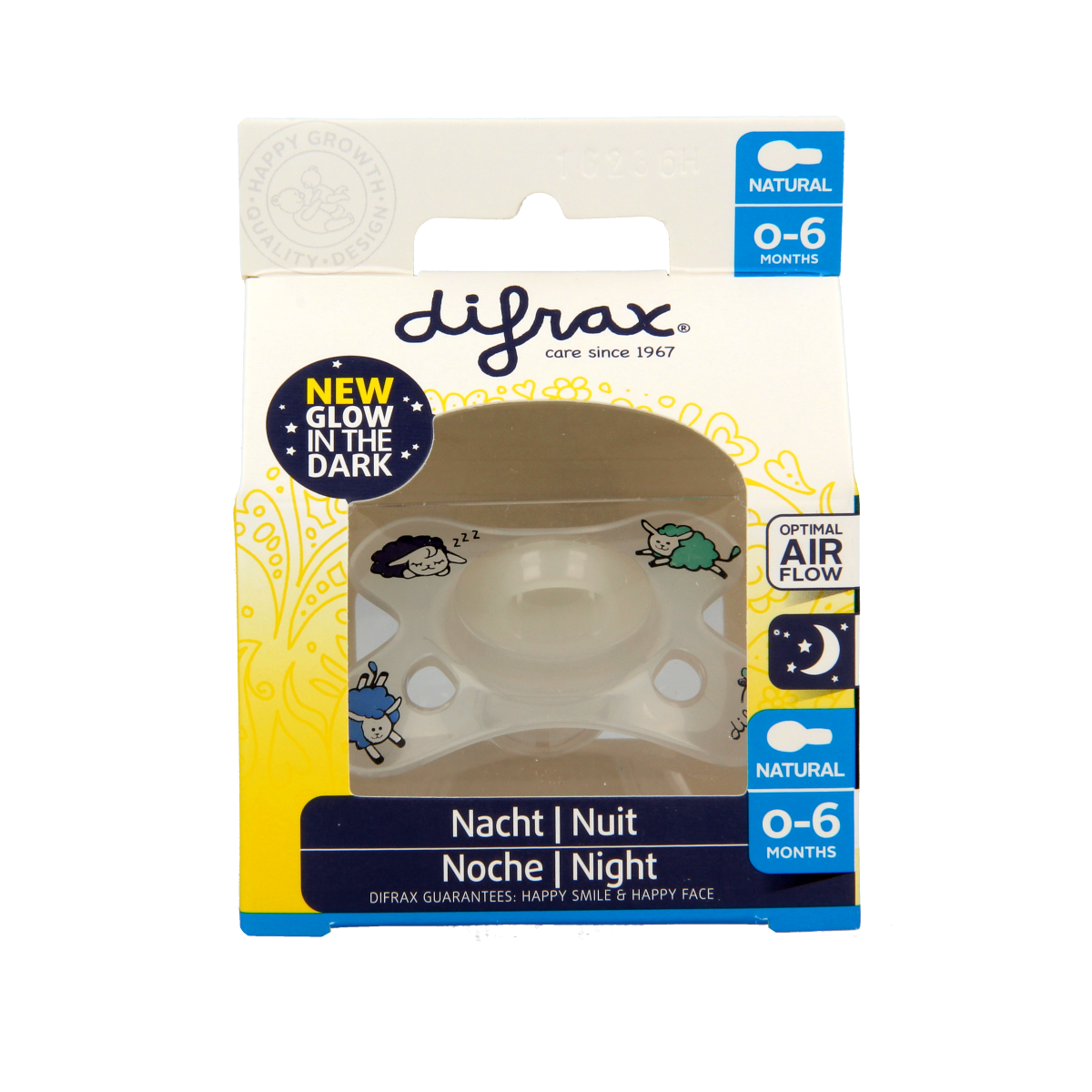 Difrax natural pacifier for 0-6 months, night version, in a single pack, designed for infants and soothing comfort.