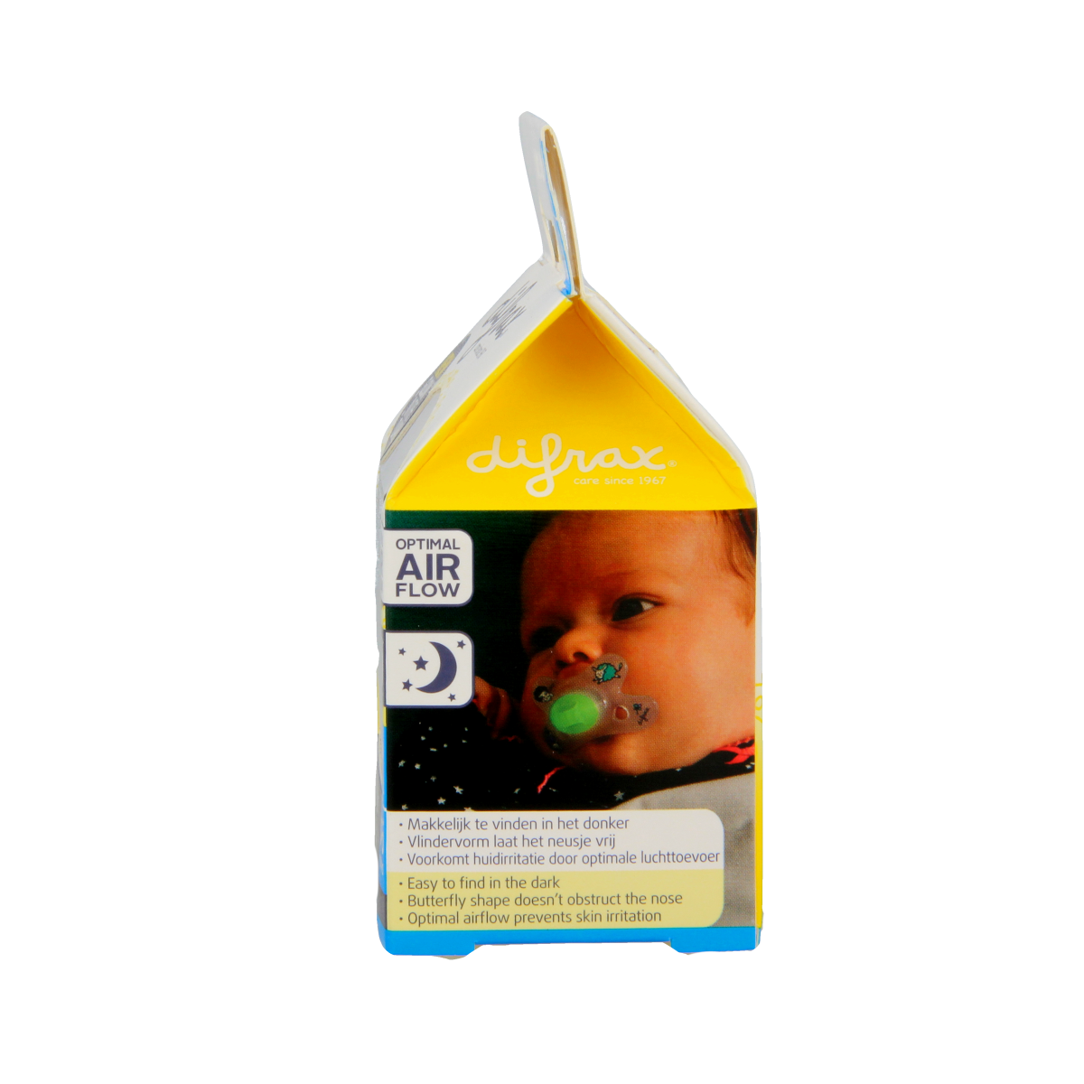Difrax natural pacifier for 0-6 months, night version, showing soft silicone nipple and ergonomic shape for infants.