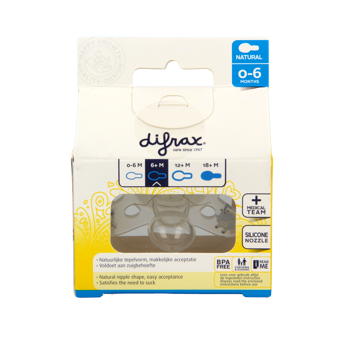 Difrax natural pacifier for 0-6 months, night version, displayed with soft silicone nipple and baby-safe design.