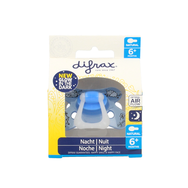 Difrax natural night baby pacifier for 6+ months, single soft silicone nipple, designed for comfort and soothing during sleep.