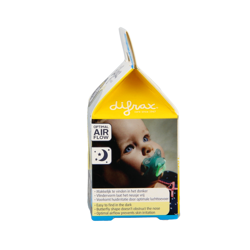 Difrax natural baby pacifier for 12+ months, nighttime version, showing the silicone nipple and soft teat designed for infants.