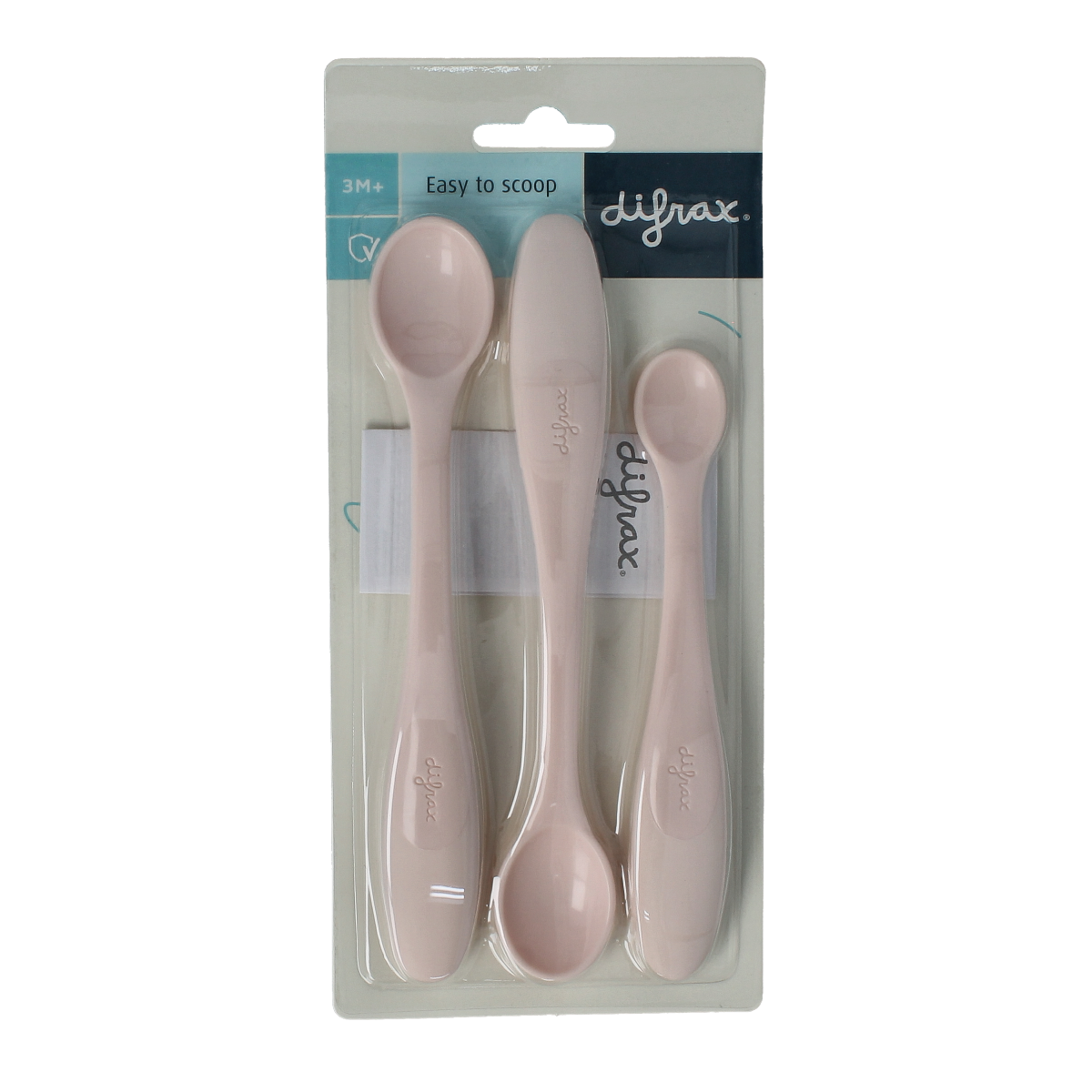Difrax toddler feeding spoons set with three pieces, part of baby tableware including bowls, cutlery, and cups for young children.