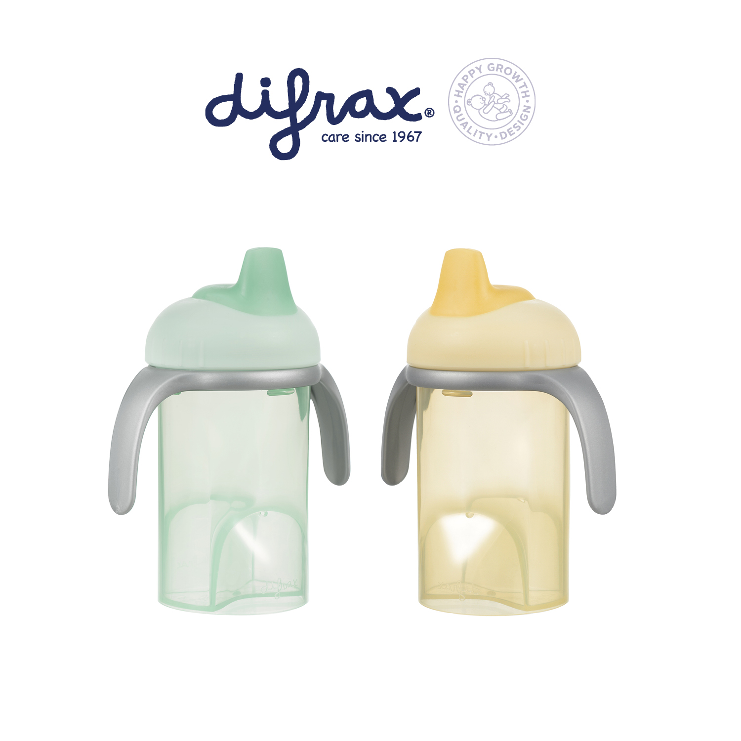 Difrax anti-lekbeker with soft spout for babies, showing an assorted color baby sippy cup from the Flessen en Spenen product line.