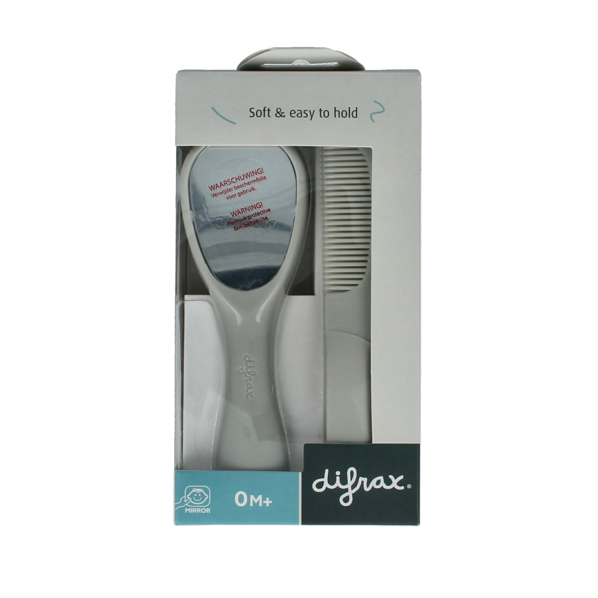 Difrax baby brush and comb set for infants and toddlers, featuring a soft-bristle brush and gentle comb for delicate hair care.