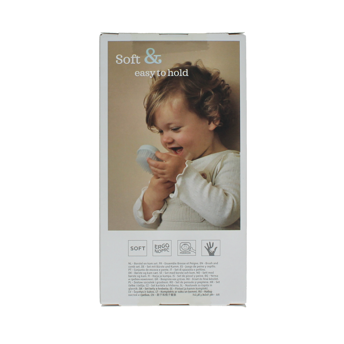 Difrax baby brush and comb set with a single brush and comb for infant and toddler grooming, image shows the grooming tools.
