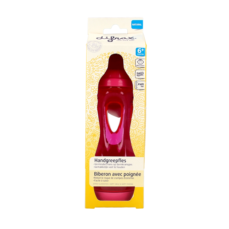Difrax handgreep fles groot assorti, compatible with baby bottles and pacifiers, shown in natural color on white background.