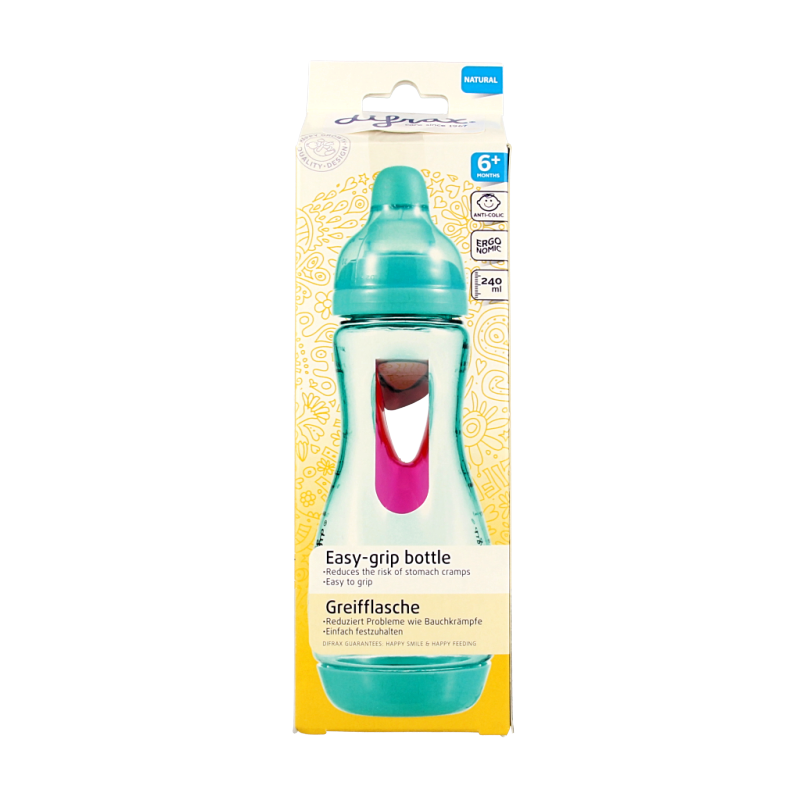 Difrax handgreep fles groot assorti for baby bottles and spenen, shown on a Difrax baby bottle in a natural setting.