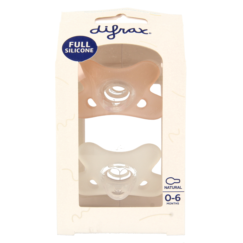 Difrax silicone baby pacifiers in natural style, suitable for 0-6 months, shown in a set of two in natural colors.