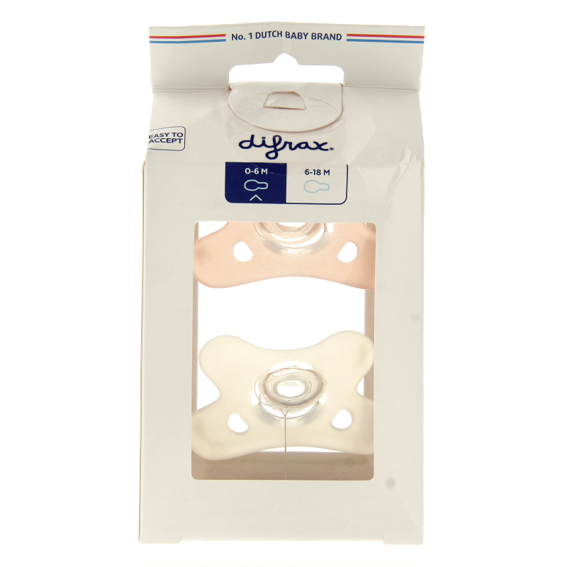 Two Difrax silicone pacifiers in natural design for babies 0-6 months, shown in a close-up image.