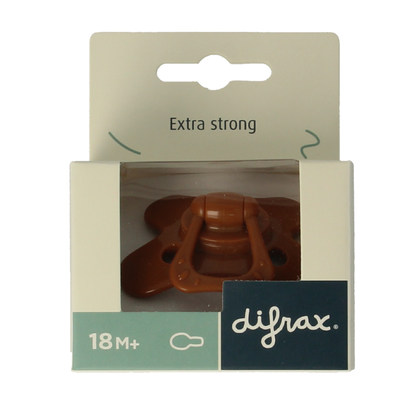 Difrax natural baby pacifier for children 18+ months, assorted colors, showing soft silicone nipple and ergonomic shield.