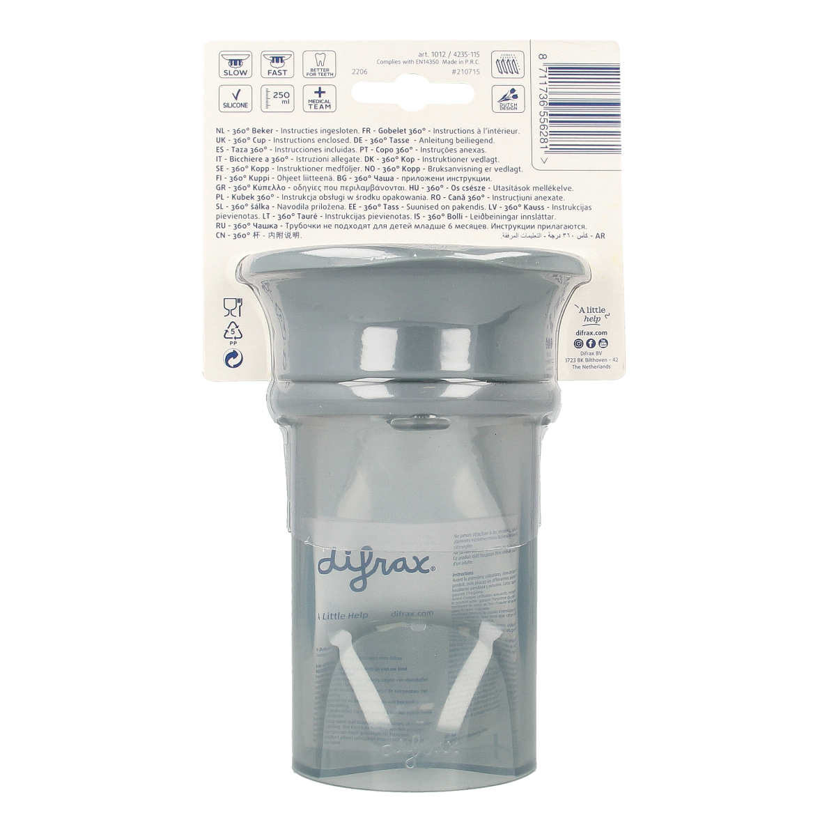 Difrax 360 graden beker for babies and toddlers, assorted colors, with spill-proof design and ergonomic shape for easy grip.