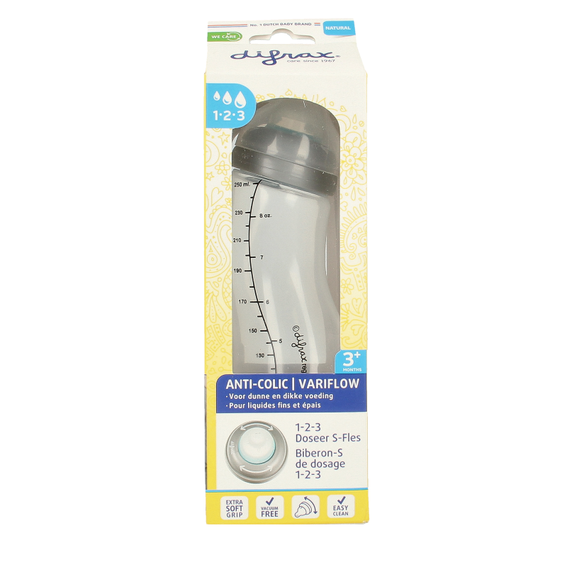 Difrax S-fles natural baby bottle with 250ml capacity and 1 teat, designed for easy feeding and comfortable grip