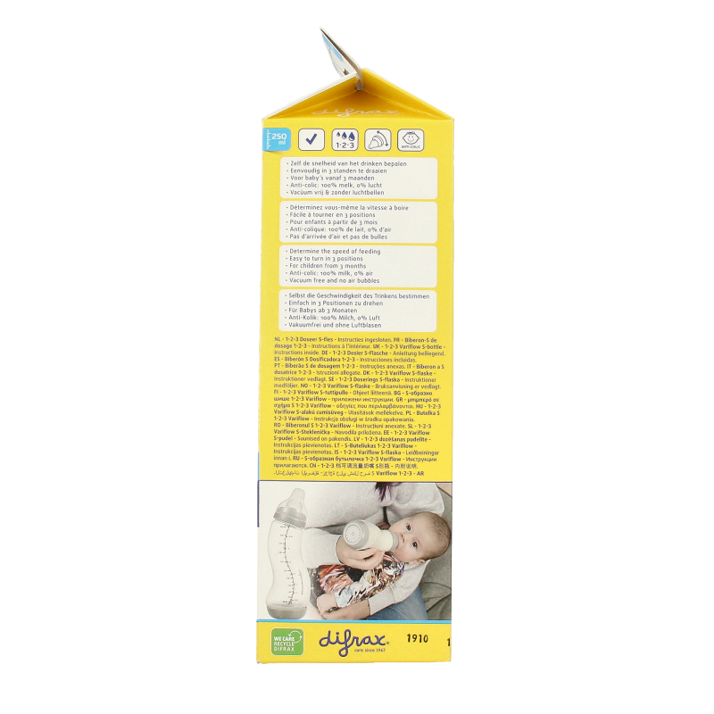 Difrax S-fles natural baby bottle with 250ml capacity and adjustable nipple for infants 1-3 months, in clear plastic.