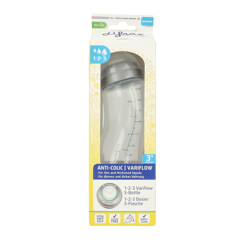 Difrax S-fles natural baby bottle with 250ml capacity and 1 teat, designed for infants aged 1 to 3 months.