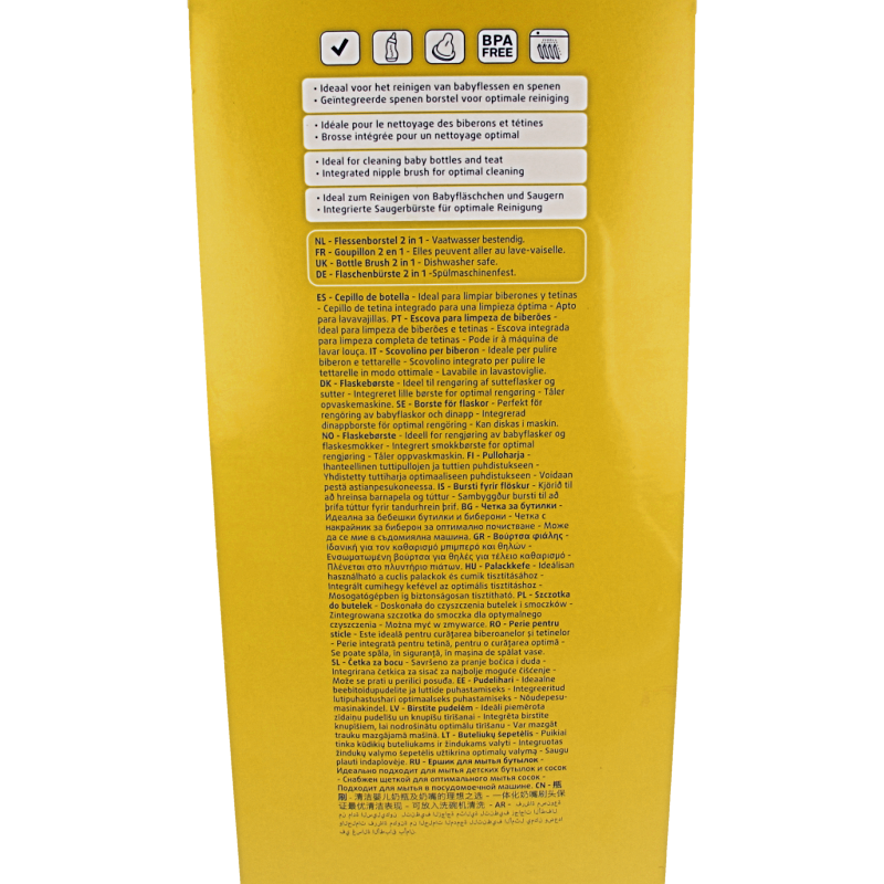 Difrax 2-in-1 baby bottle and teat brush, compact design for cleaning bottles and teats effectively.