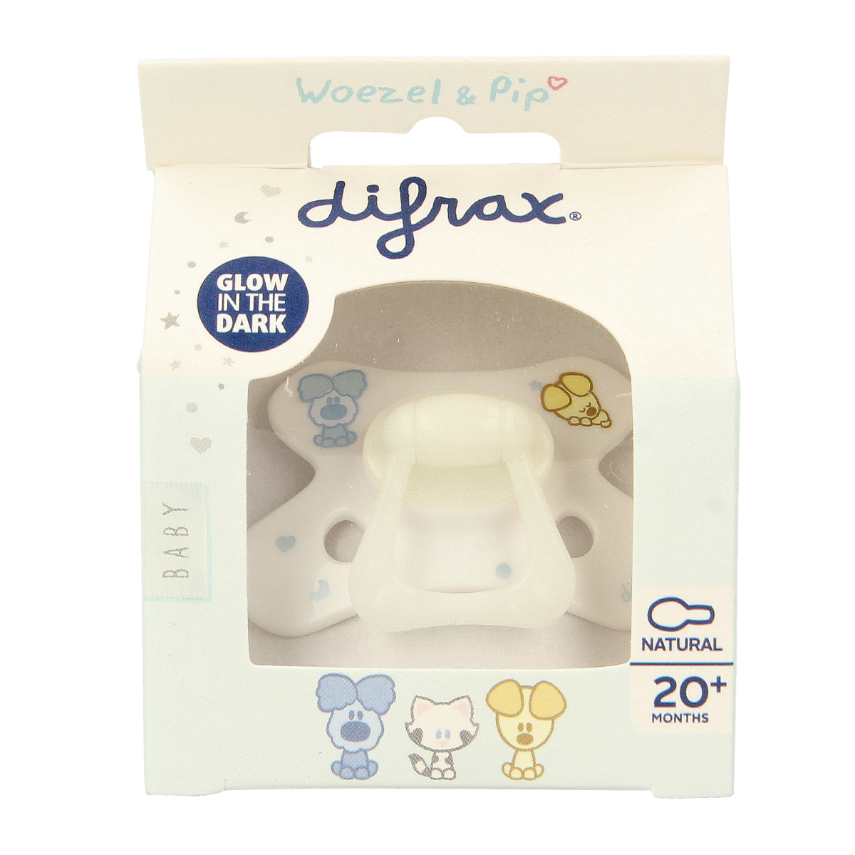Difrax Woezel & Pip natural pacifier for children 20+ months, showing soft silicone nipple and colorful design.