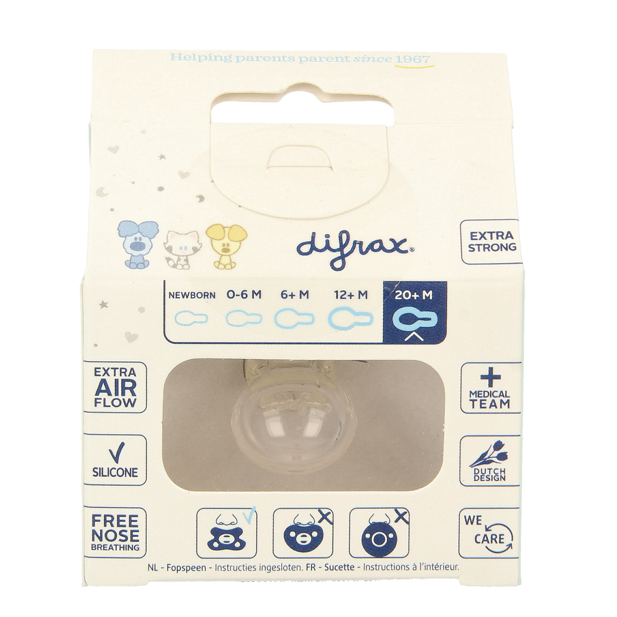 Difrax Woezel & Pip natural pacifier for children 20+ months, shown with the baby-friendly nipple in a clear package