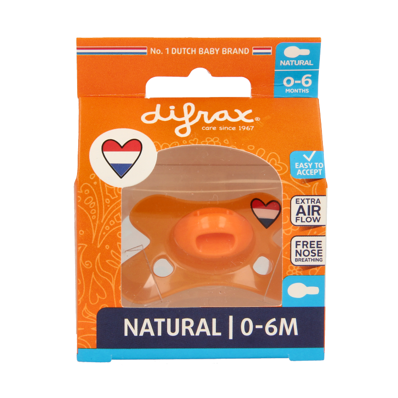 Difrax baby pacifier for 0-6 months, designed for infants, in a natural setting showing the soft nipple and packaging.