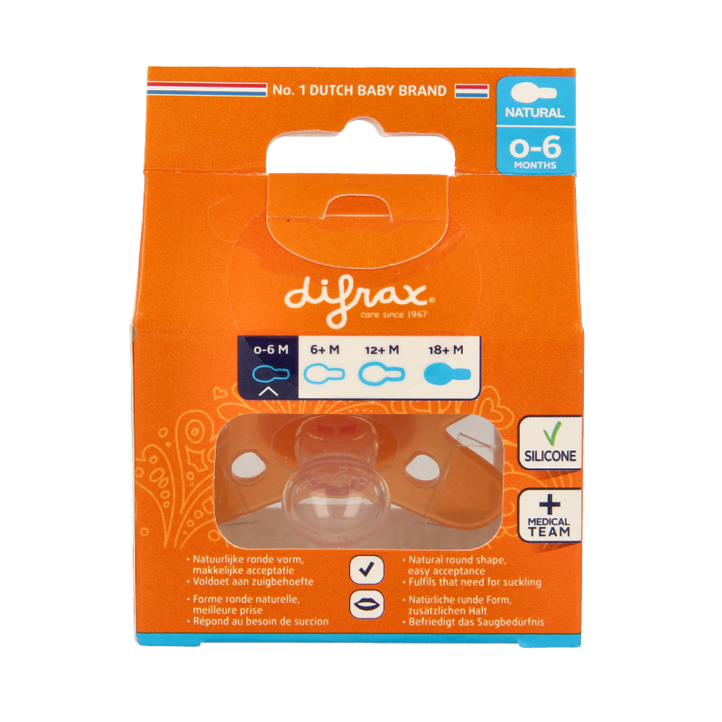 Difrax baby pacifier for 0-6 months with soft silicone nipple, designed for gentle comfort in feeding.