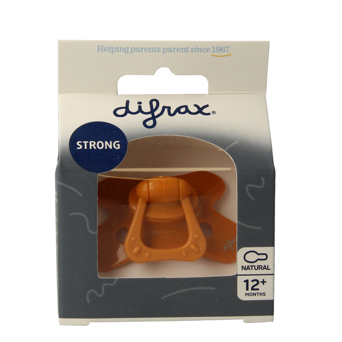 Difrax natural baby pacifier for 12+ months, assorted colors, showing soft silicone nipple and ergonomic design.
