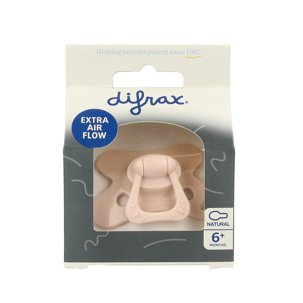 Difrax Fopspeen natural for babies 6+ months, assorted colors, soft silicone nipple, suitable for soothing and comfort.