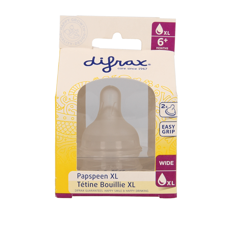 Difrax Papspeen XL baby bottle nipple set with two soft silicone spouts for easy feeding.