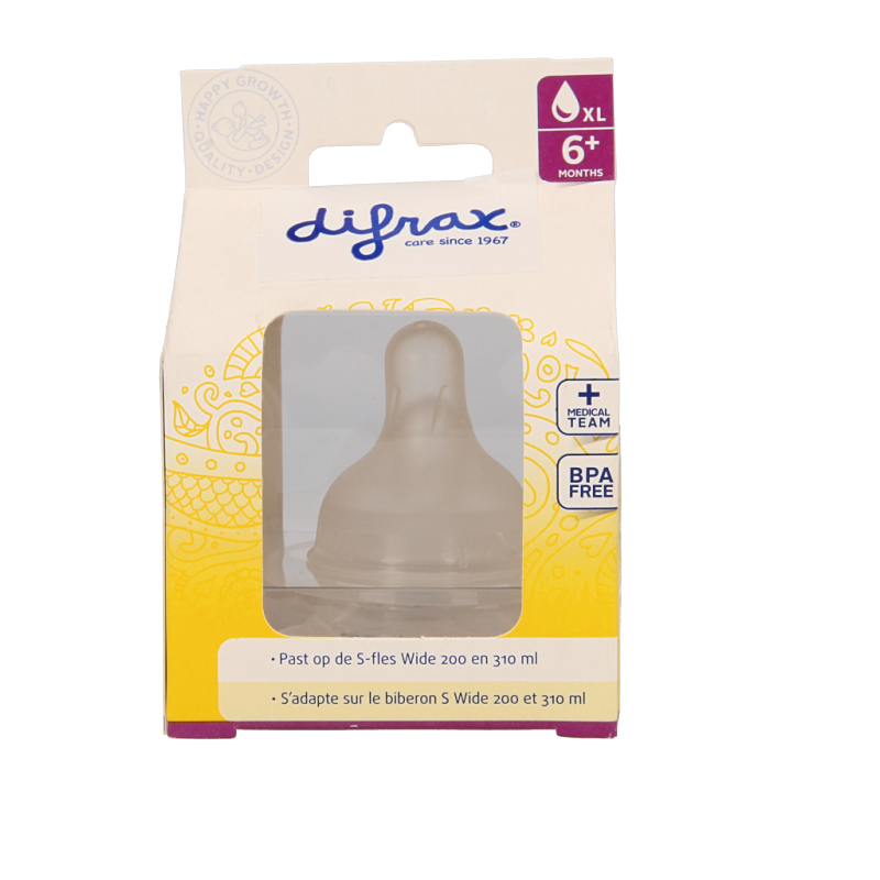 Difrax Papspeen XL baby bottle nipple, set of 2, soft silicone teats for infant feeding, compatible with Difrax bottles.