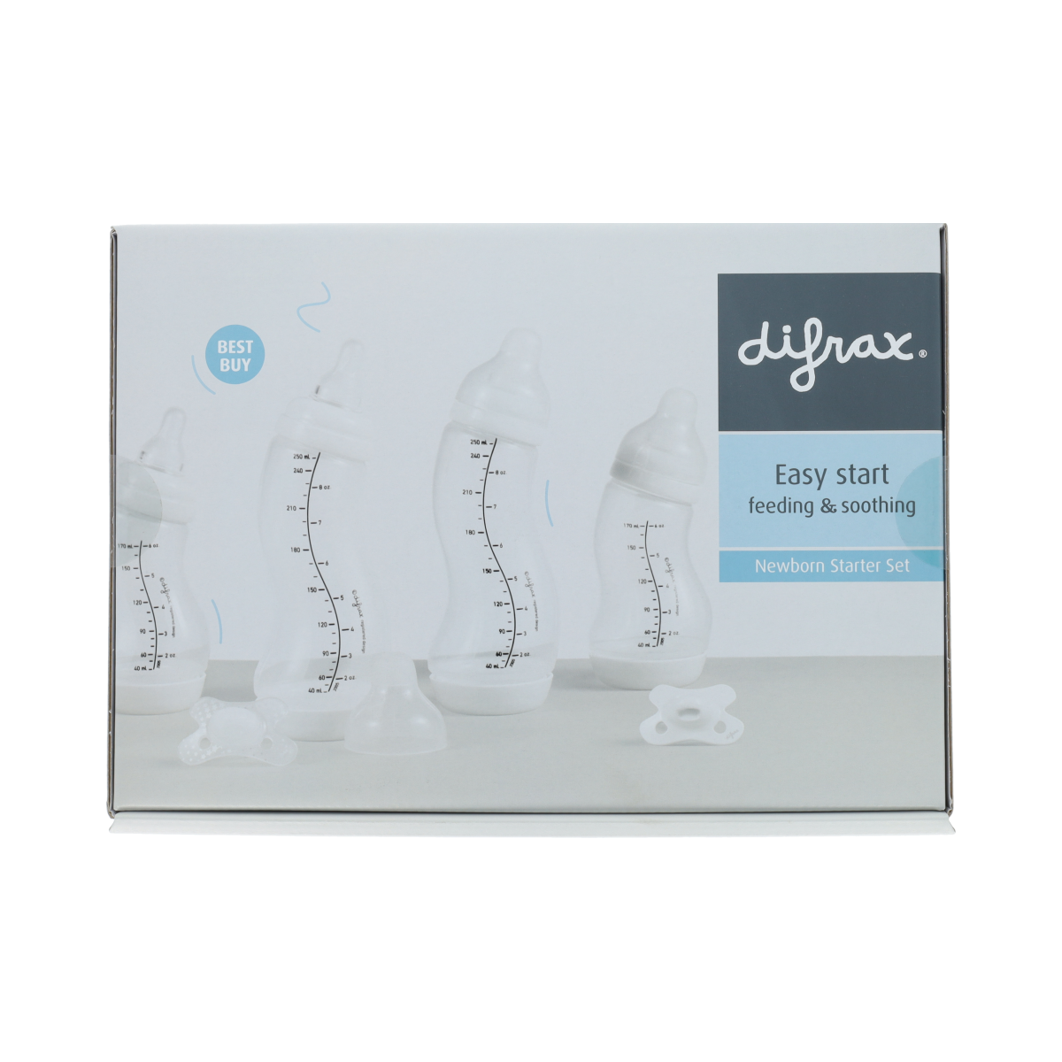 Difrax starter set for newborns with bottles and teats, featuring a 1.00 set for feeding and baby care.