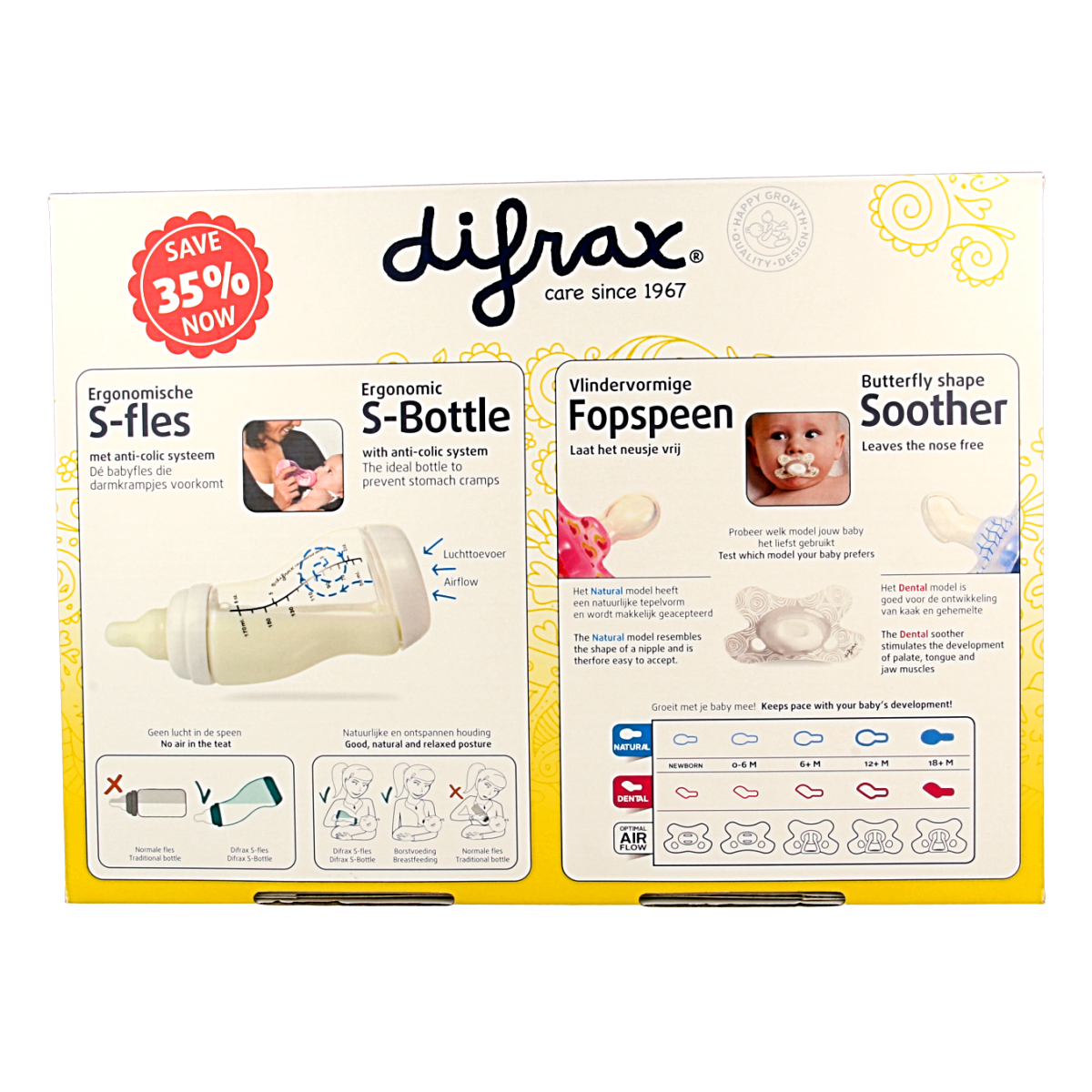Difrax Starterset for newborns with bottles and teats, including a set of baby feeding bottles and accessories.