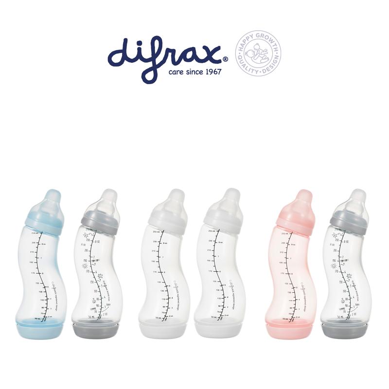 Difrax S-fles duopack 250ml natural baby bottles with nipples, set of two, in clear plastic with measurement markings.