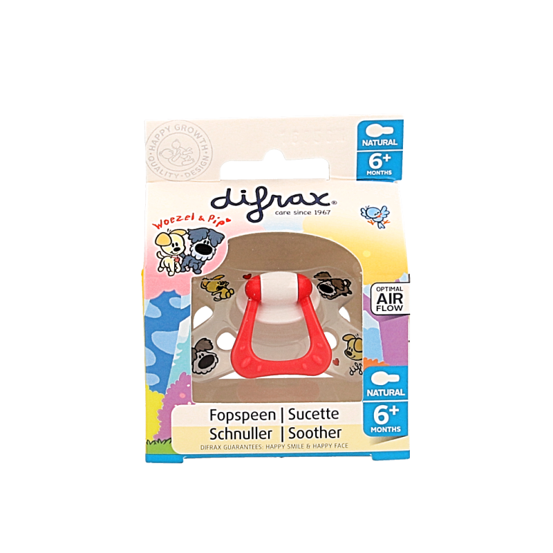 Difrax Fopspeen natural for babies 6+ months with Woezel & Pip design, suitable for feeding and soothing infants.