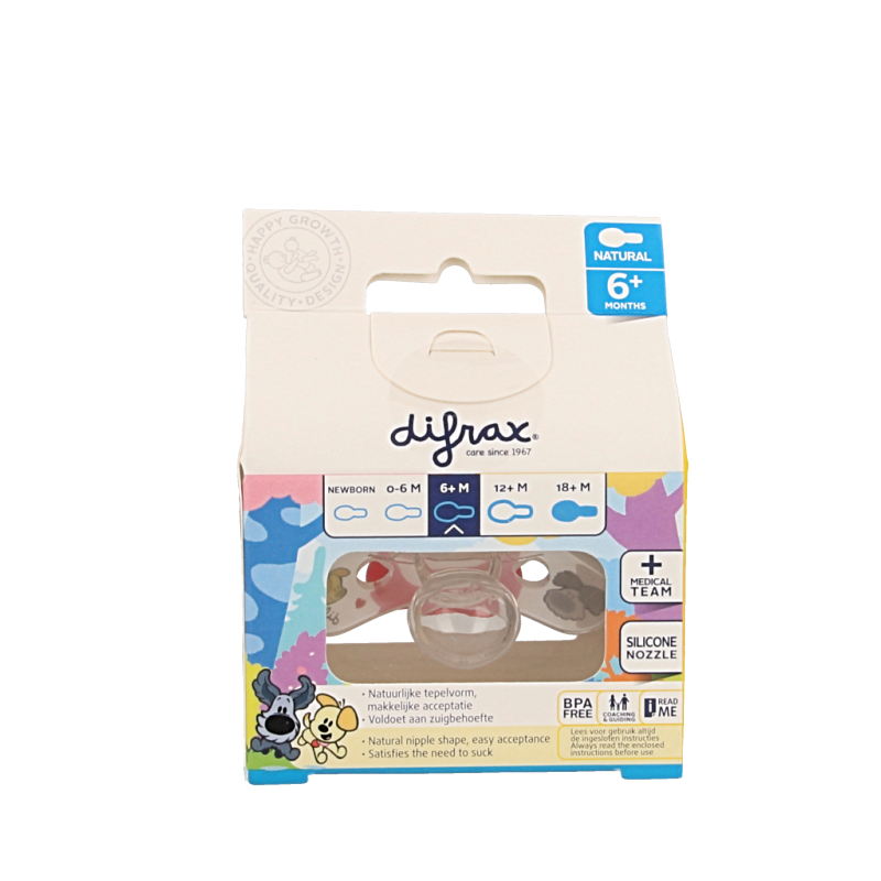 Difrax Woezel & Pip natural baby pacifier for 6+ months, soft silicone nipple, in packaging with character design